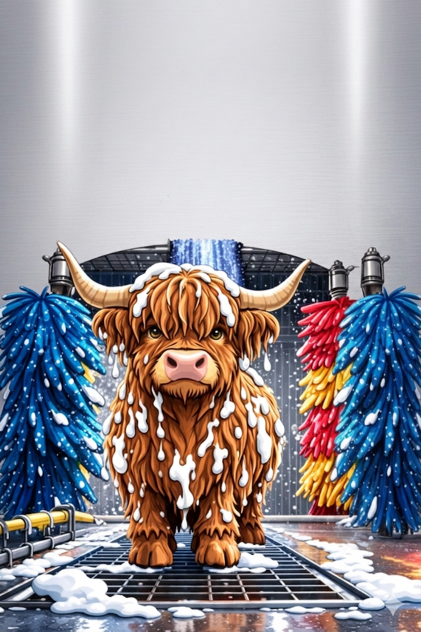 Highland cow getting washed